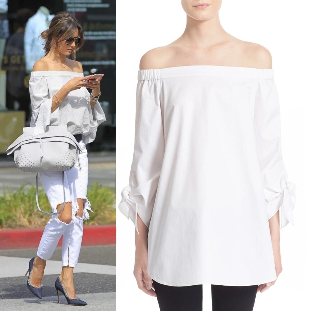 Tibi White Poplin Off the Shoulder Top Tie Cuff Tunic Clean Girl SZ 4